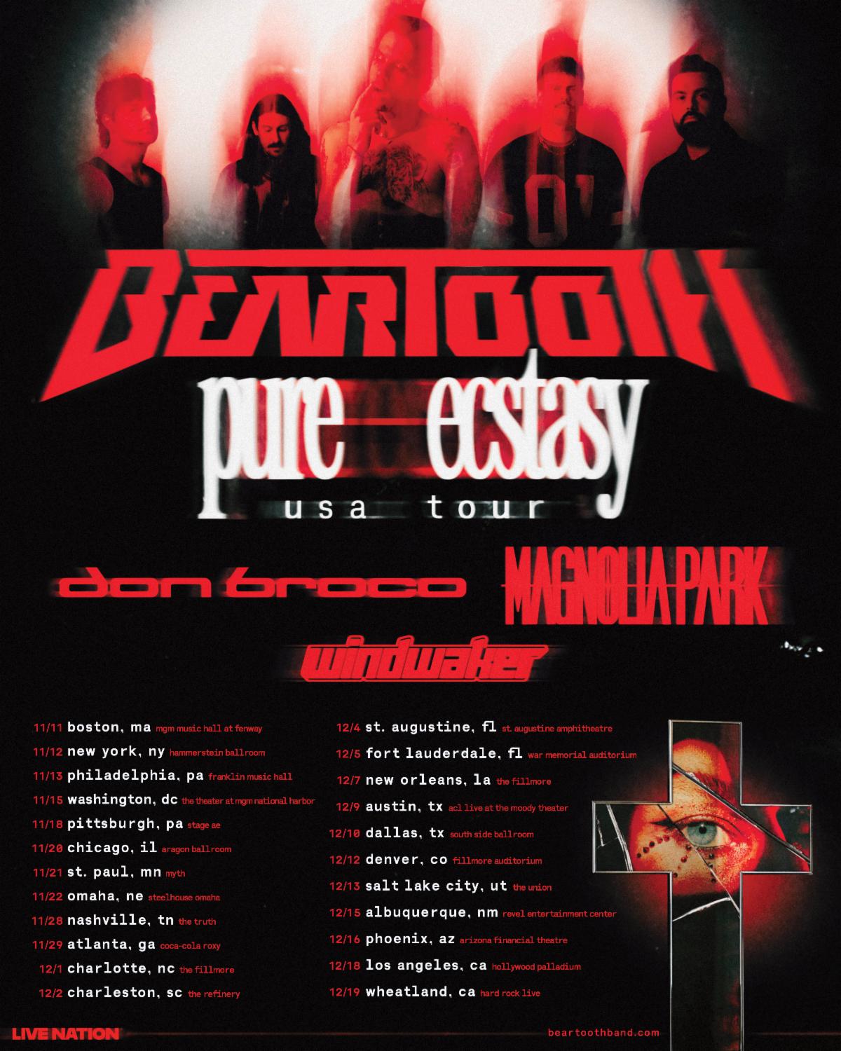 Flyer for BEARTOOTH Pure Ecstasy World Tour with Don Broco, Magnolia Park & Windwaker