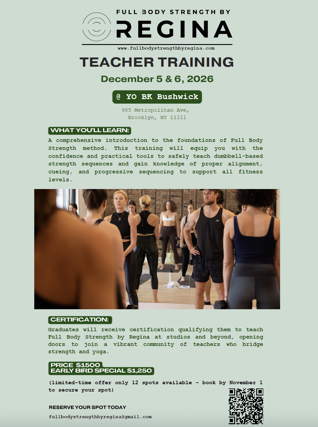 Flyer for FULL BODY STRENGTH BY REGINA TEACHER TRAINING