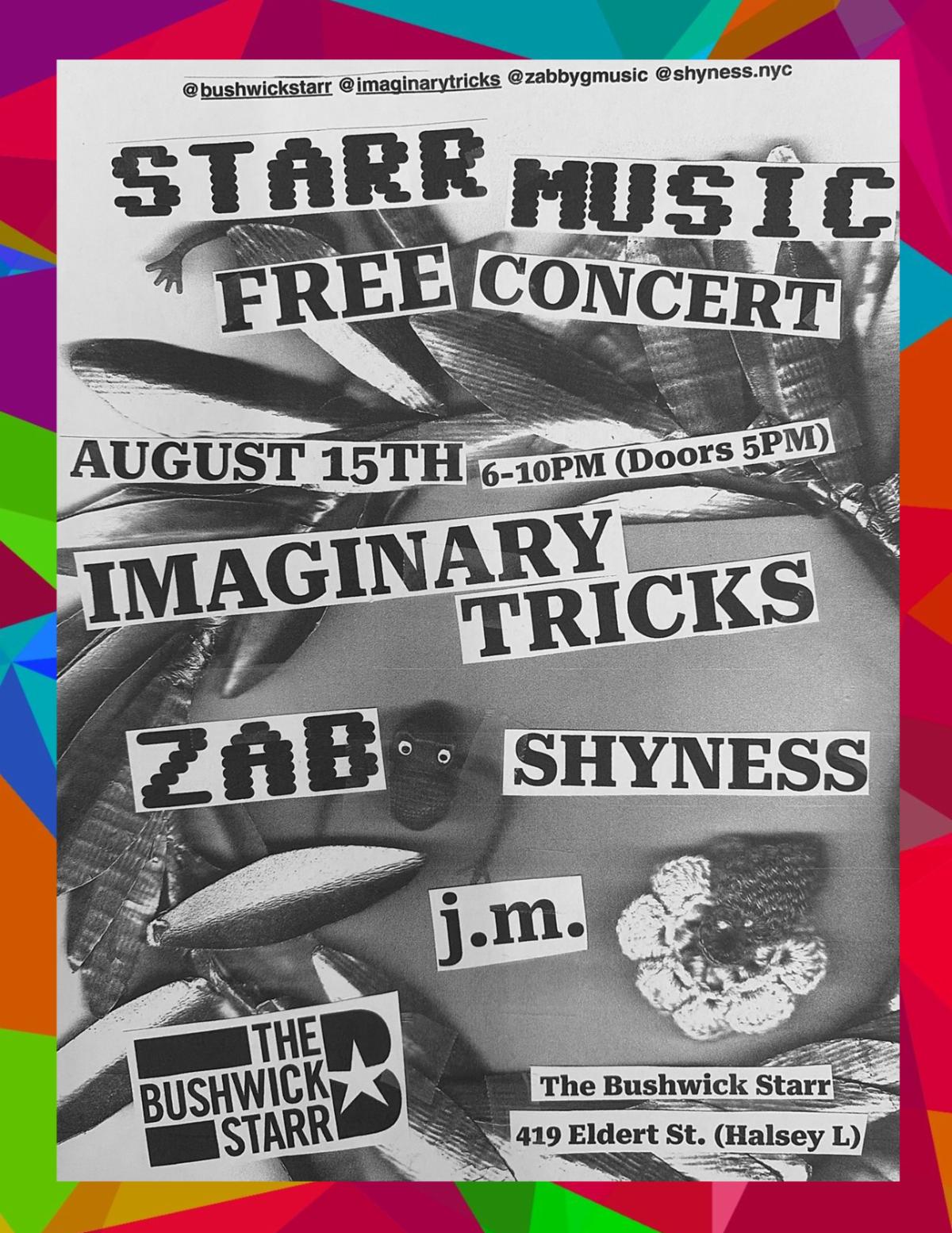 Flyer for Starr Music Free Concert featuring jm, Shyness, ZAB + Imaginary Tricks