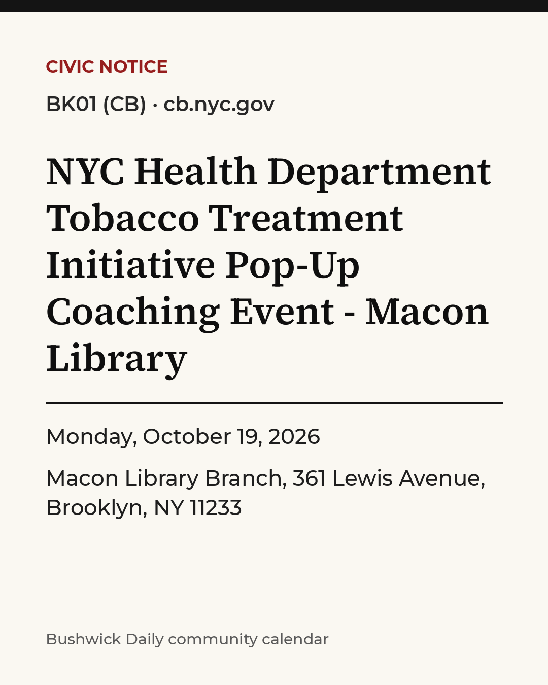 Flyer for NYC Health Department Tobacco Treatment Initiative Pop-Up Coaching Event - Macon Library