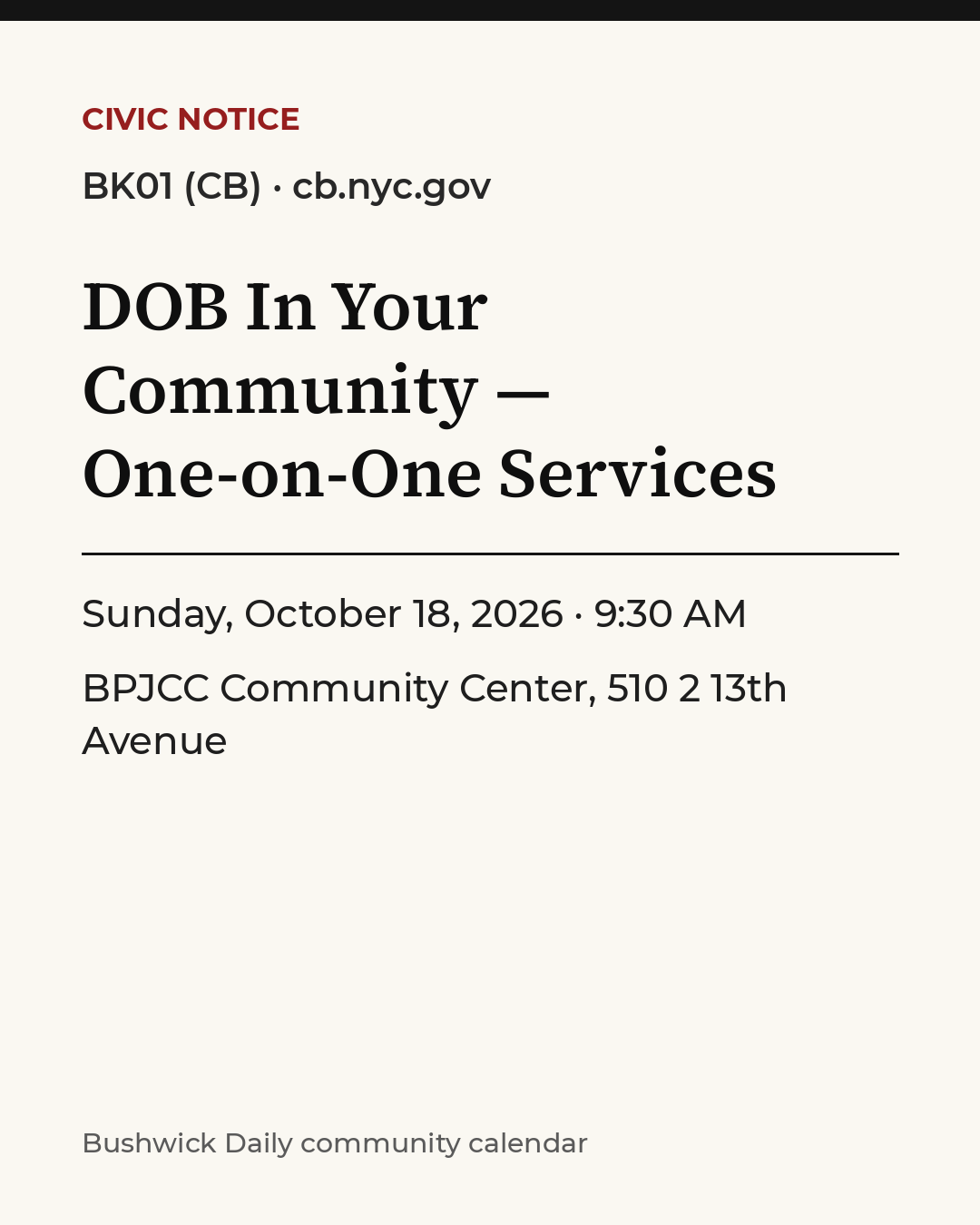 Flyer for DOB In Your Community — One-on-One Services
