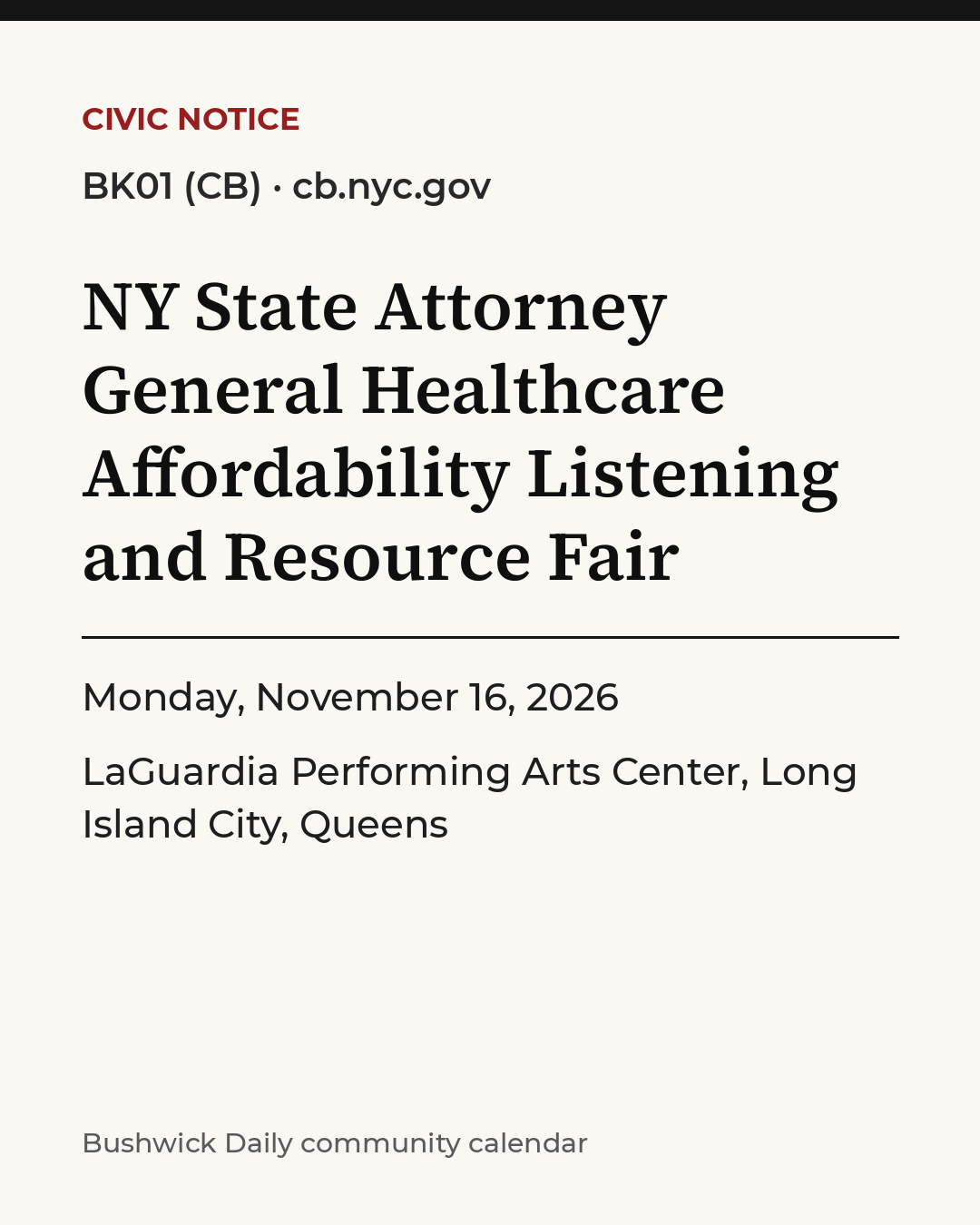 Flyer for NY State Attorney General Healthcare Affordability Listening and Resource Fair