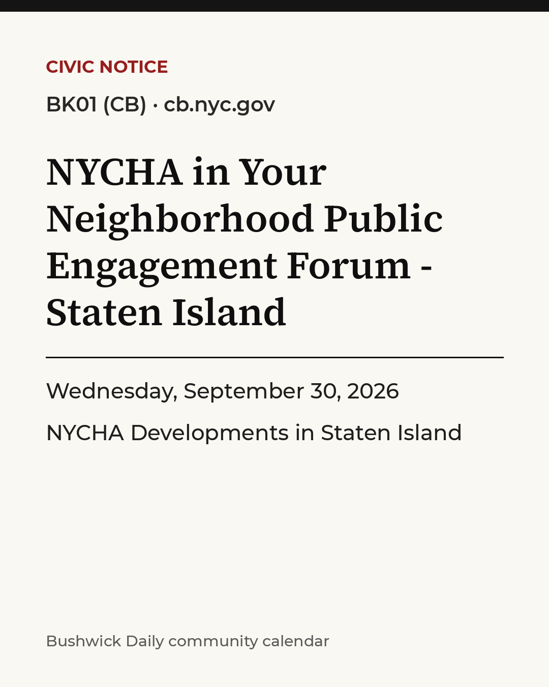 Flyer for NYCHA in Your Neighborhood Public Engagement Forum - Staten Island