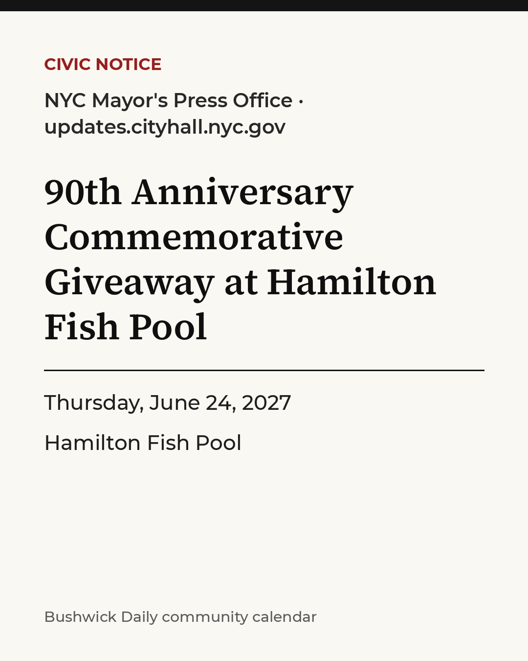 Flyer for 90th Anniversary Commemorative Giveaway at Hamilton Fish Pool