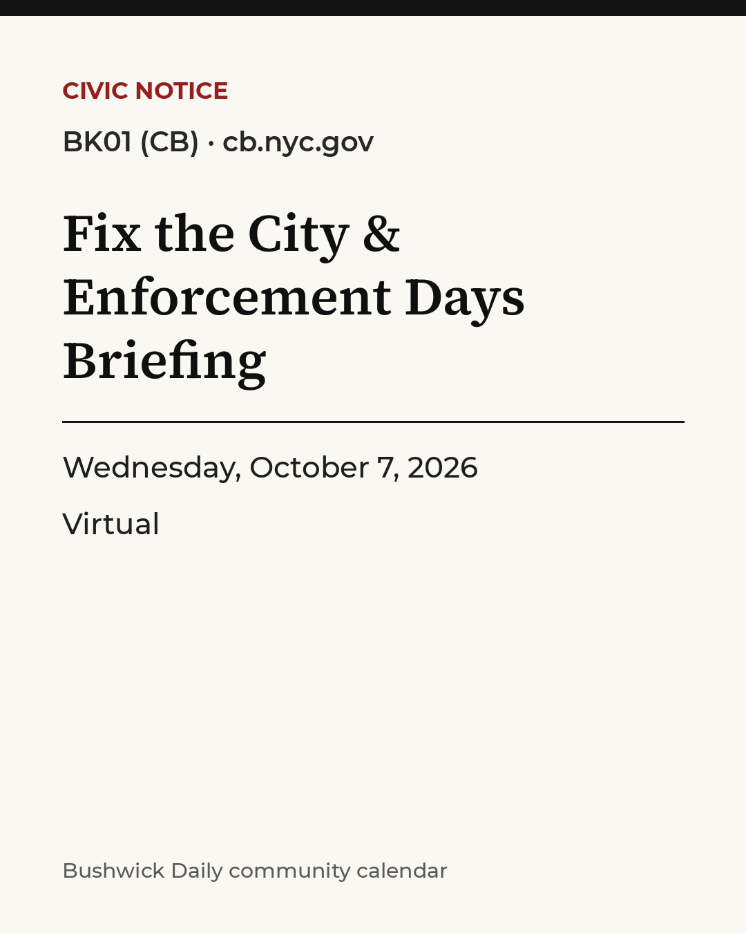 Flyer for Fix the City & Enforcement Days Briefing