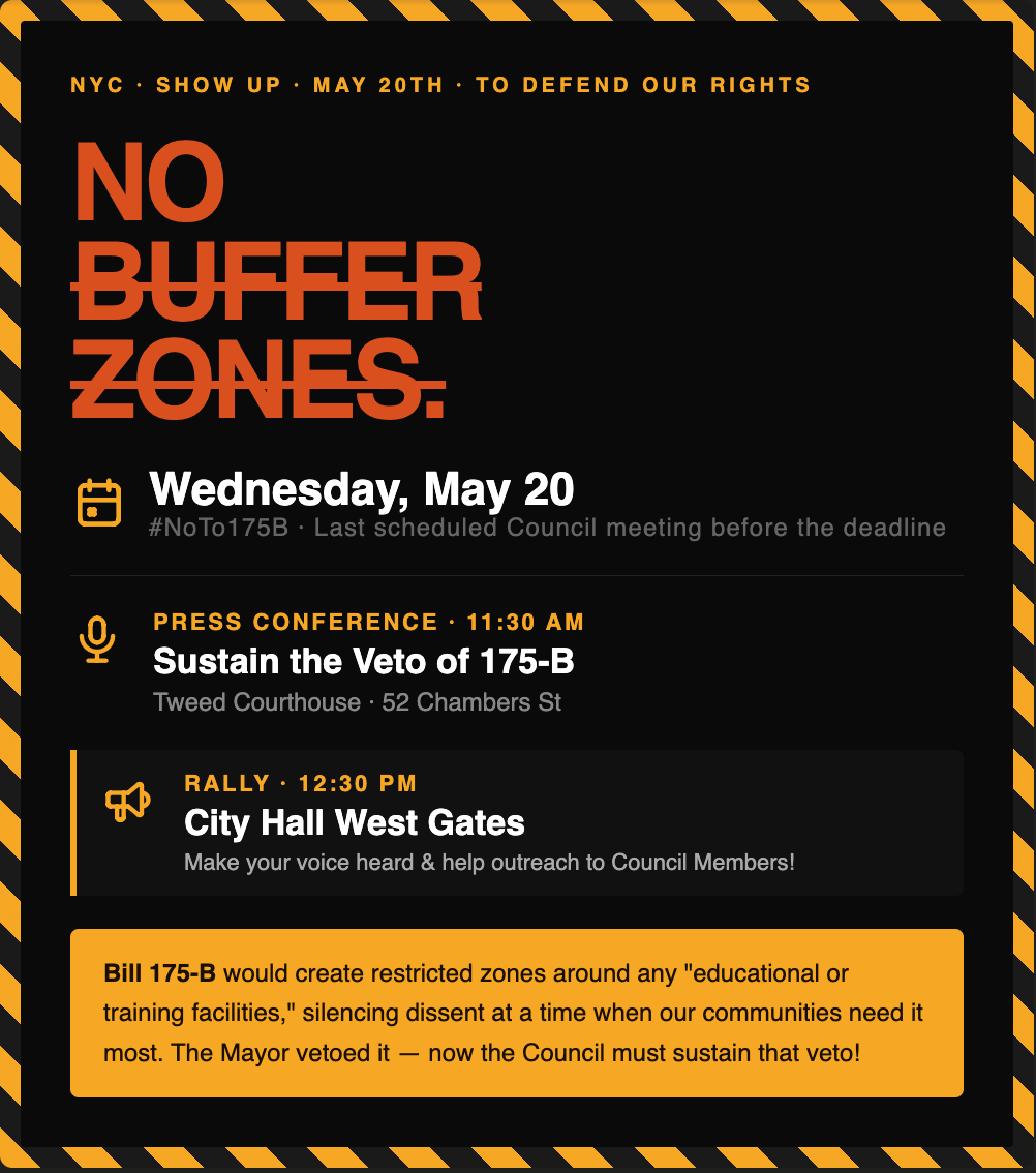 Flyer for Rally: No Buffer Zones at City Hall West Gates