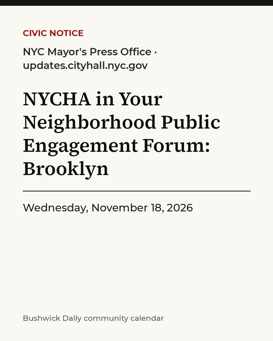 Flyer for NYCHA in Your Neighborhood Public Engagement Forum: Brooklyn