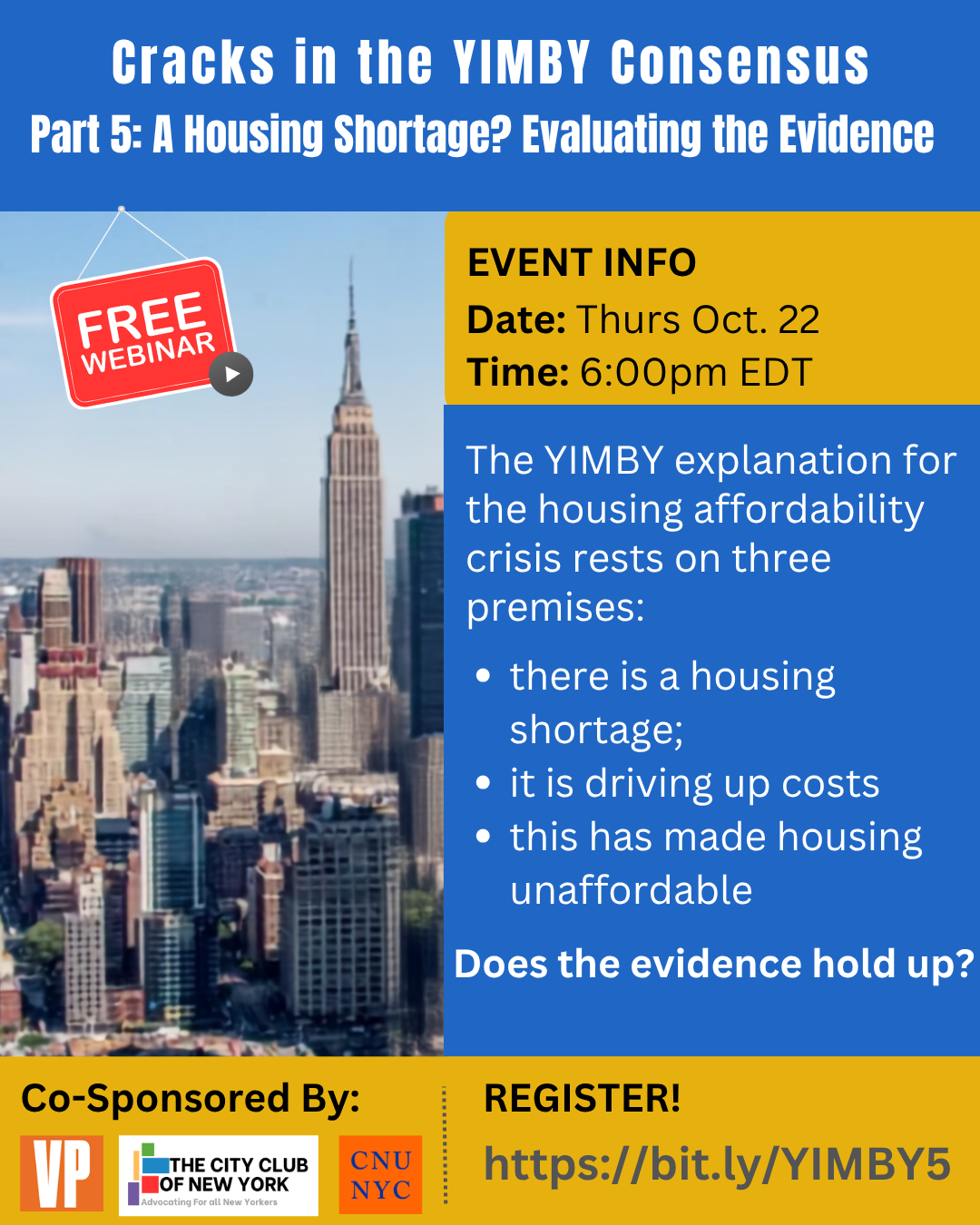 Flyer for Cracks in the YIMBY Consensus Part 5: A Housing Shortage? Evaluating the Evidence