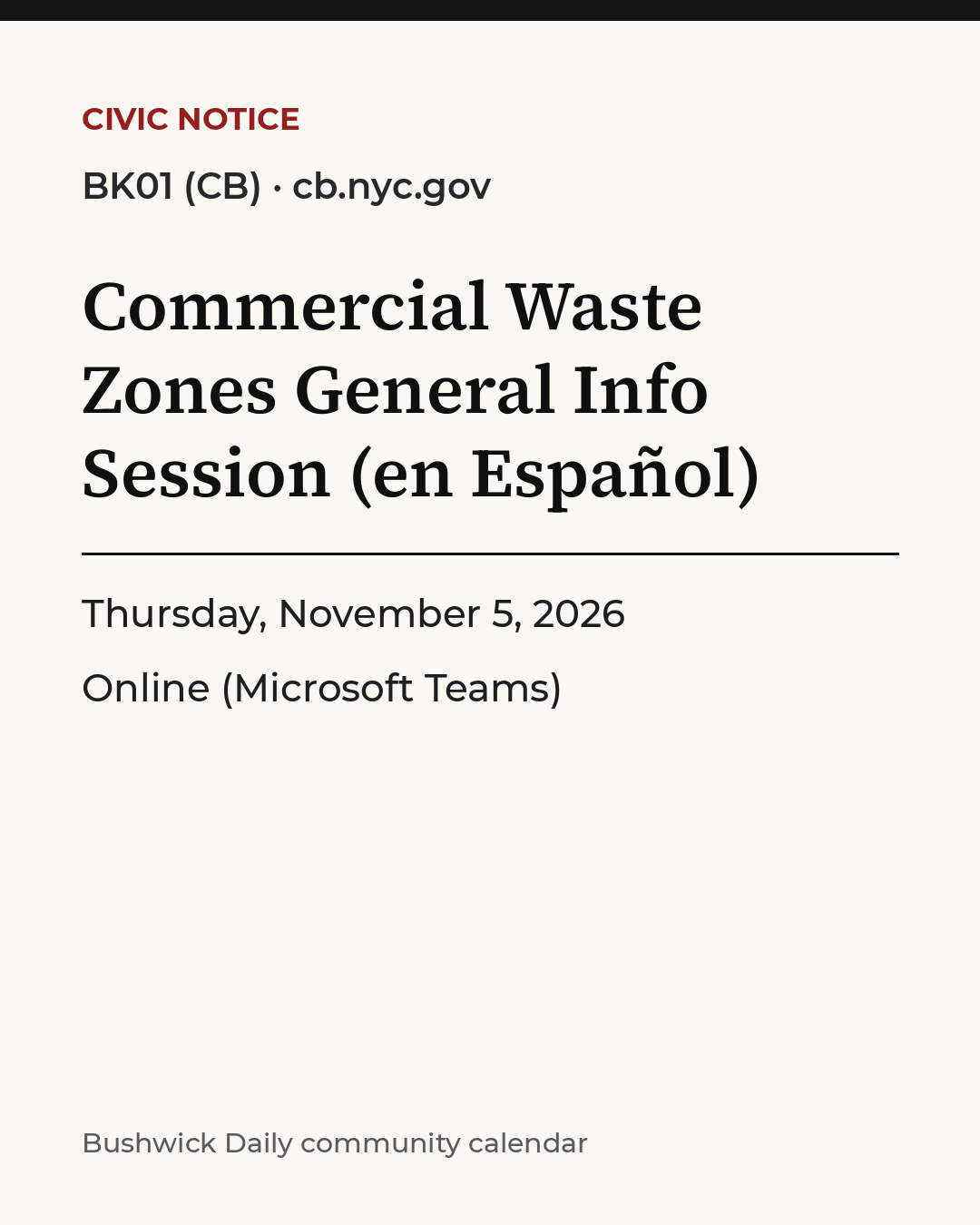 Flyer for Commercial Waste Zones General Info Session (en Español)