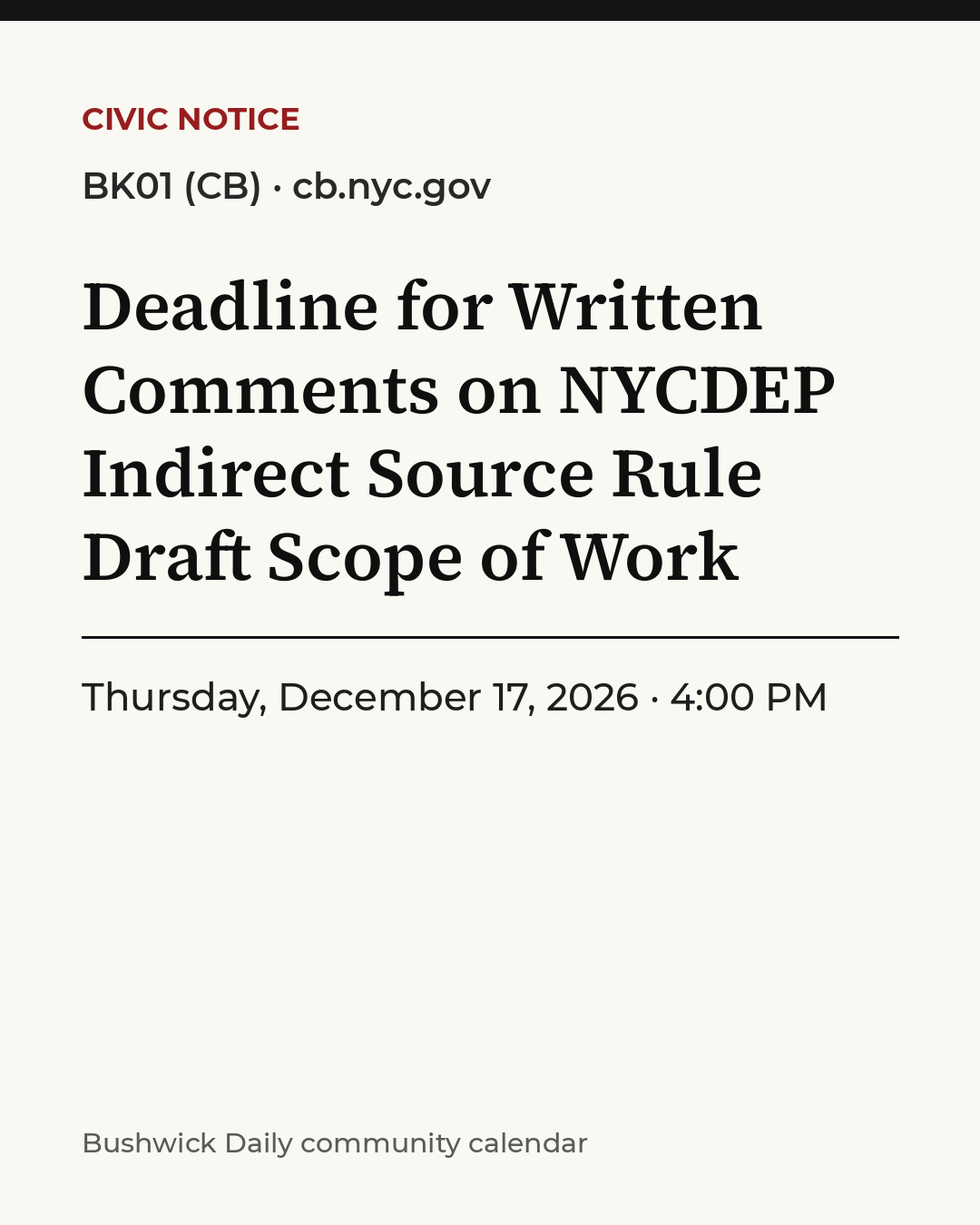 Flyer for Deadline for Written Comments on NYCDEP Indirect Source Rule Draft Scope of Work