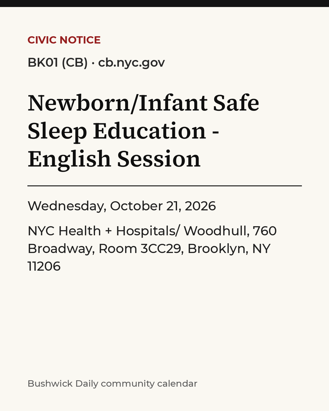 Flyer for Newborn/Infant Safe Sleep Education - English Session