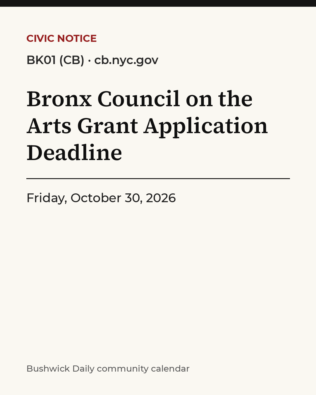 Flyer for Bronx Council on the Arts Grant Application Deadline
