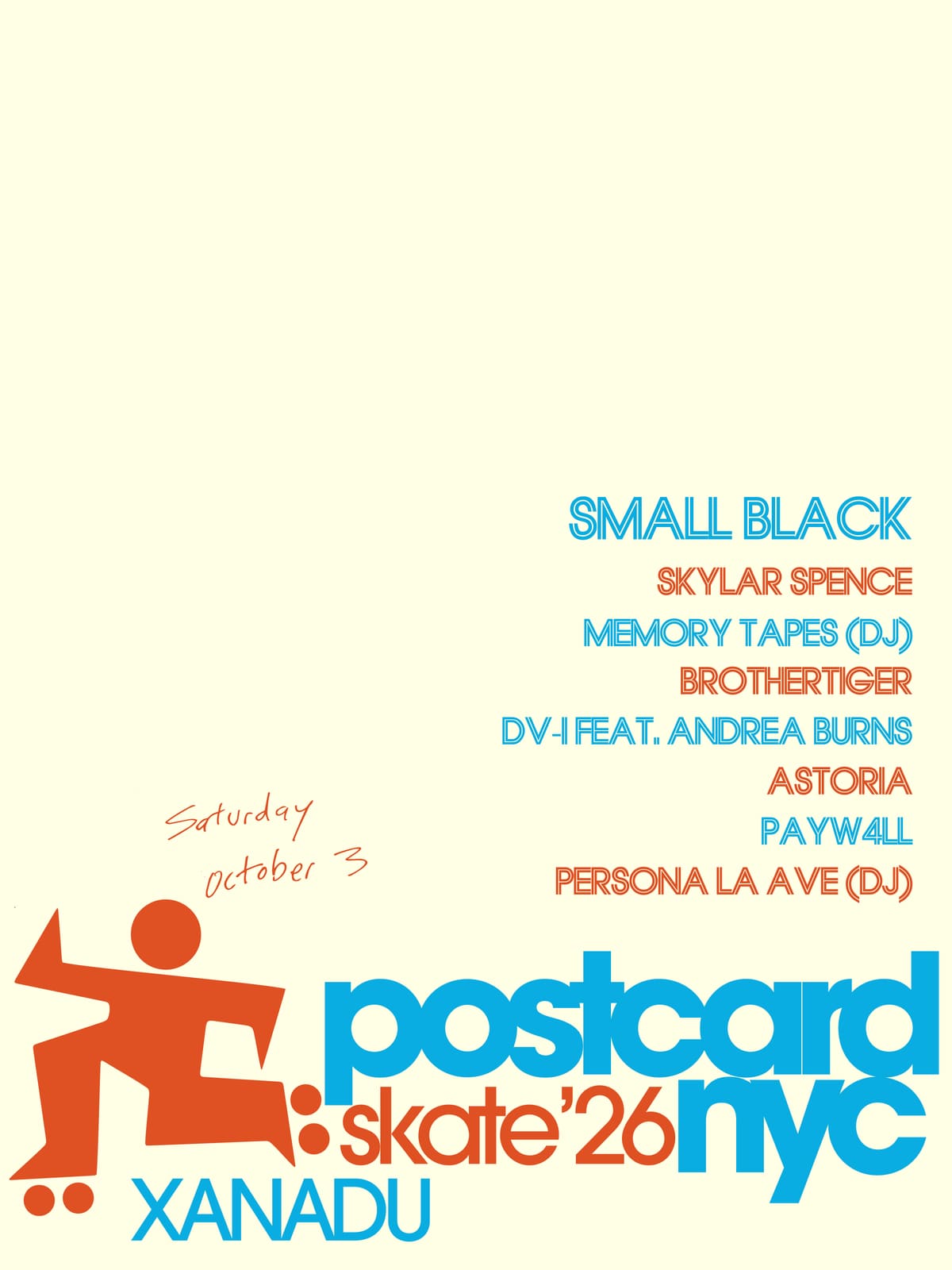 Flyer for POSTCARD NYC w/ Small Black (LIVE), Skylar Spence, Brothertiger + more! (skate + concert)