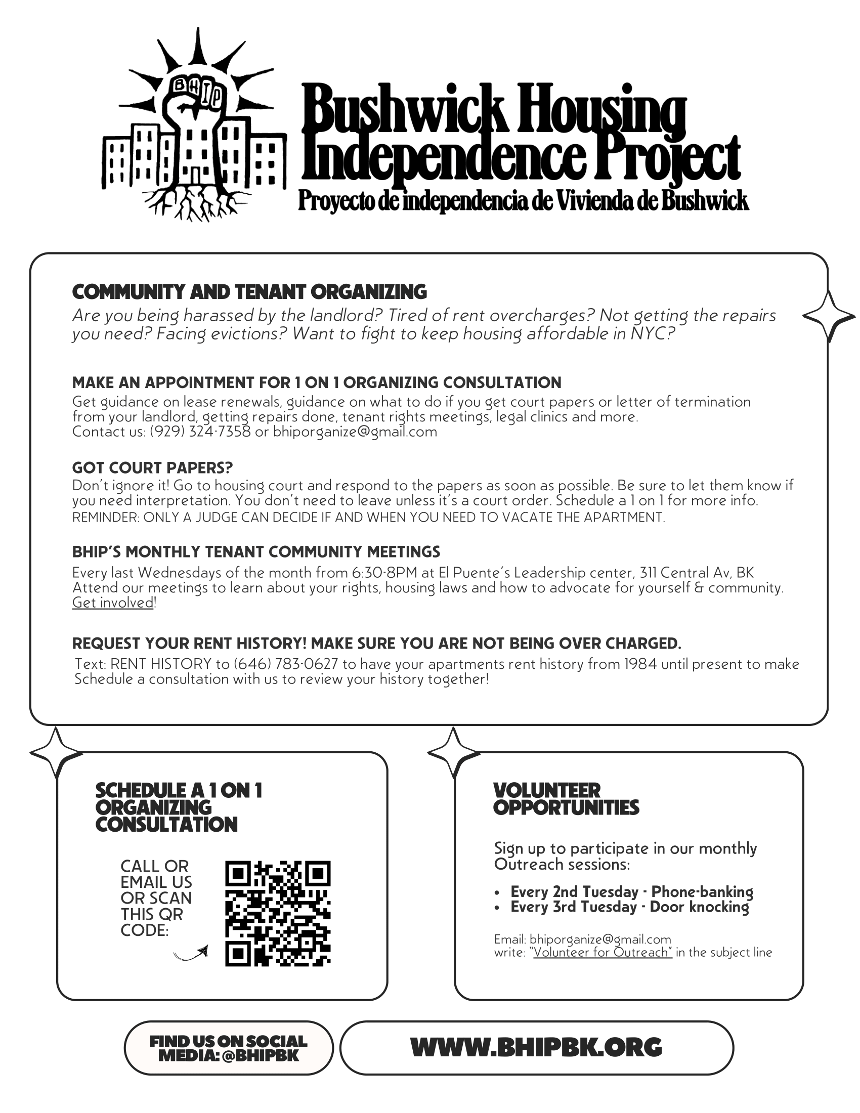 Flyer for Bushwick Housing Independence Project's Monthly Tenant Community Meetings