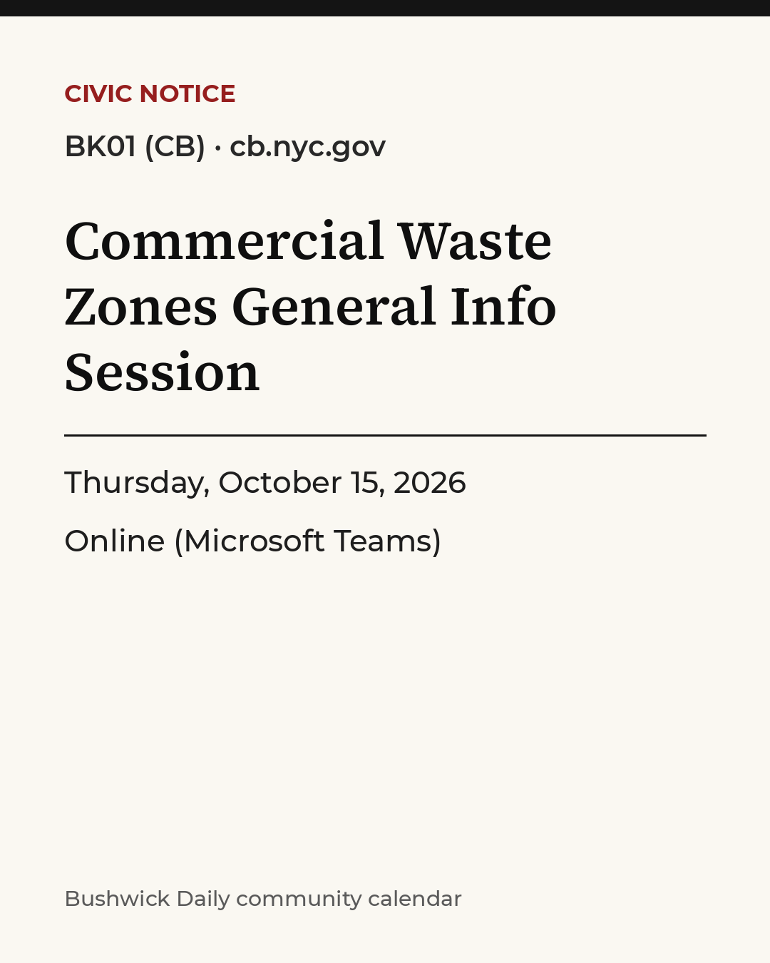 Flyer for Commercial Waste Zones General Info Session