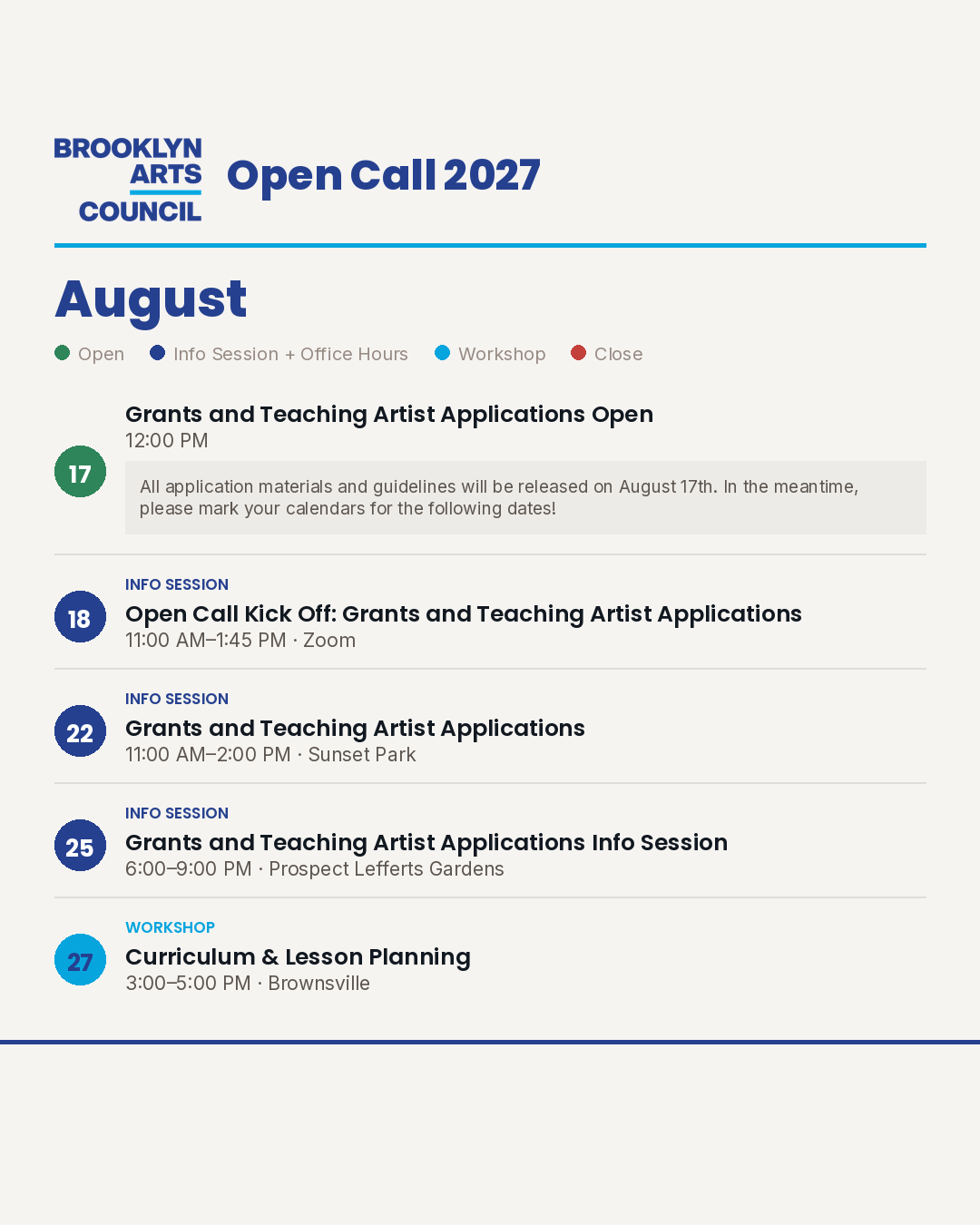 Flyer for Grants and Teaching Artist Applications Info Session
