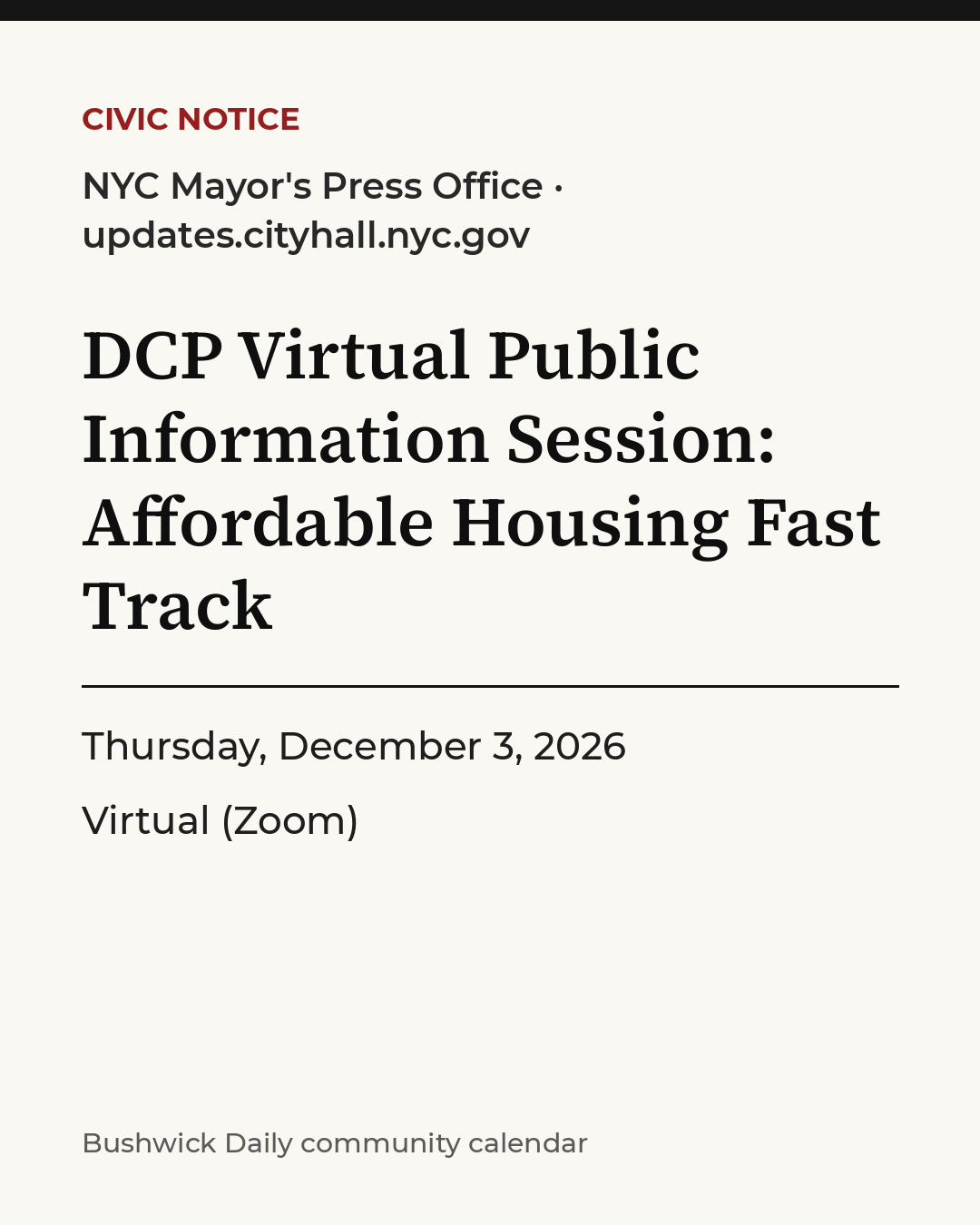 Flyer for DCP Virtual Public Information Session: Affordable Housing Fast Track