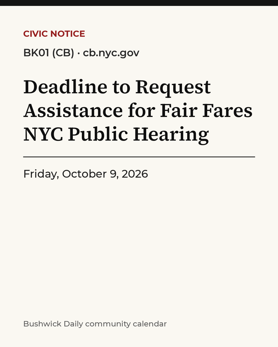 Flyer for Deadline to Request Assistance for Fair Fares NYC Public Hearing