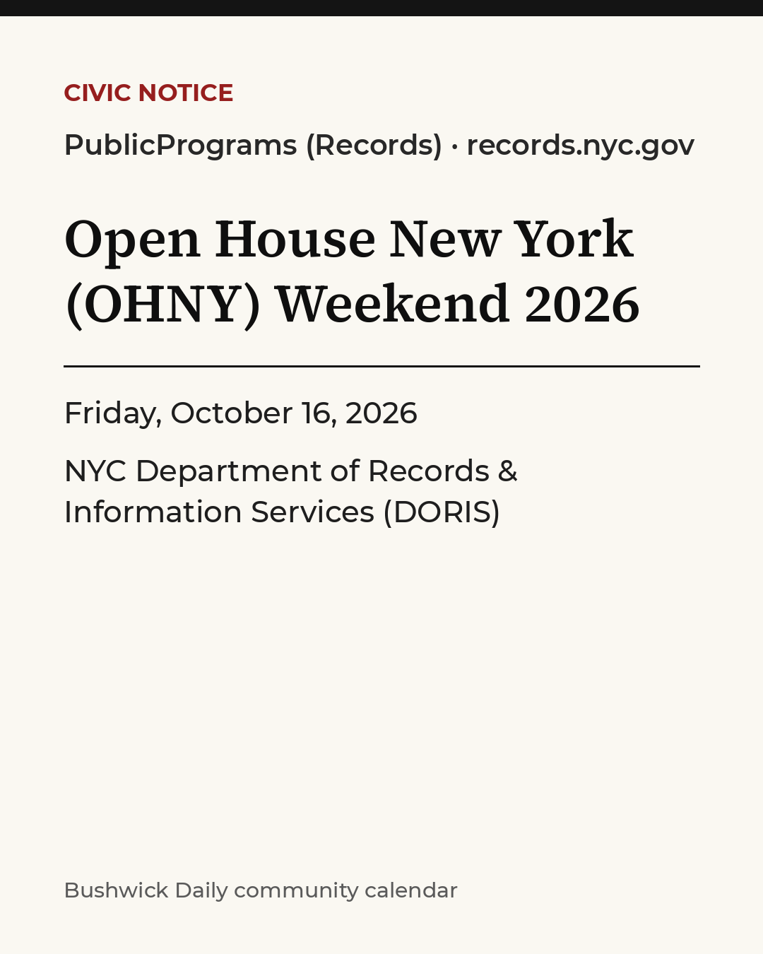 Flyer for Open House New York (OHNY) Weekend 2026