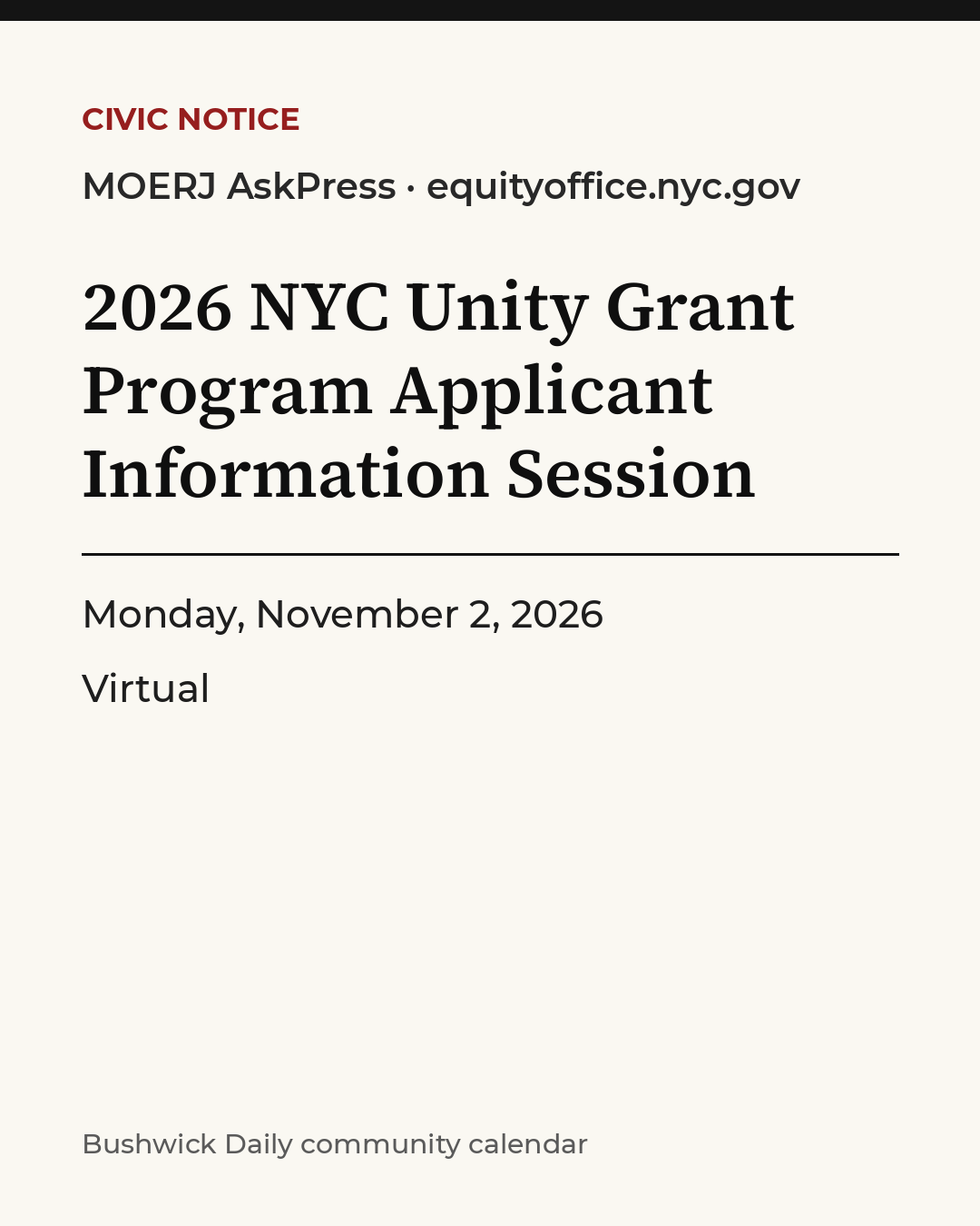 Flyer for 2026 NYC Unity Grant Program Applicant Information Session